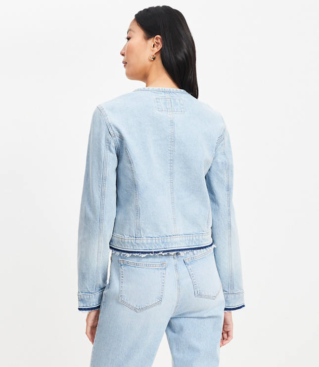 Petite Collarless Denim Jacket in Destructed Light Wash