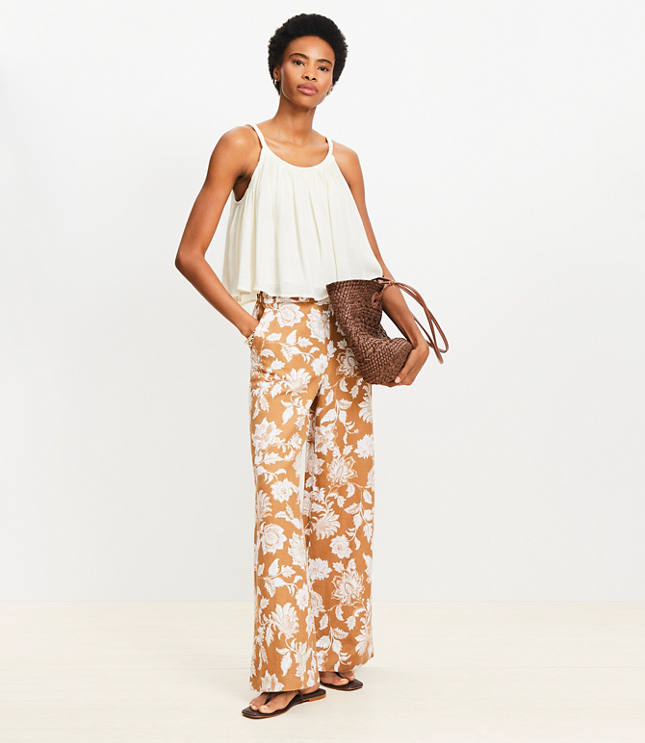 パンツ [OPEN YY] FLOWER PRINTED LINEN PANTS GB Coordinating Floral High Waist Linen Blend Wide Leg Pants