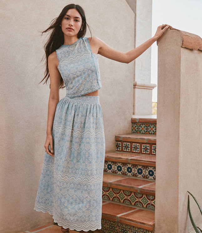 Floral Embroidered Scalloped Maxi Skirt