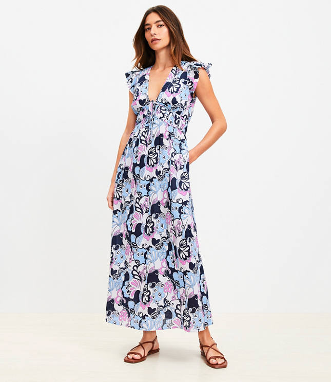 Petite LOFT Beach Floral Ruffle Sleeve Maxi Pocket Dress