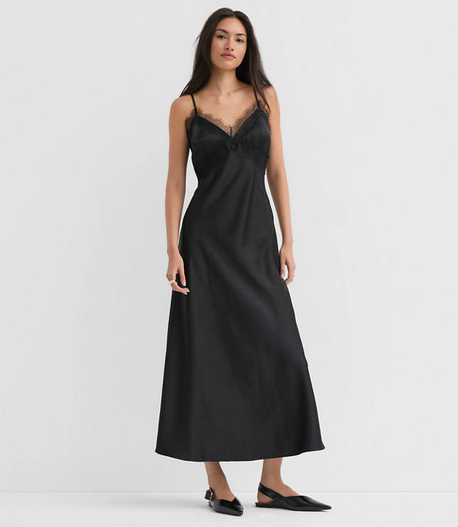 Lace Trim Satin Midi Slip Dress