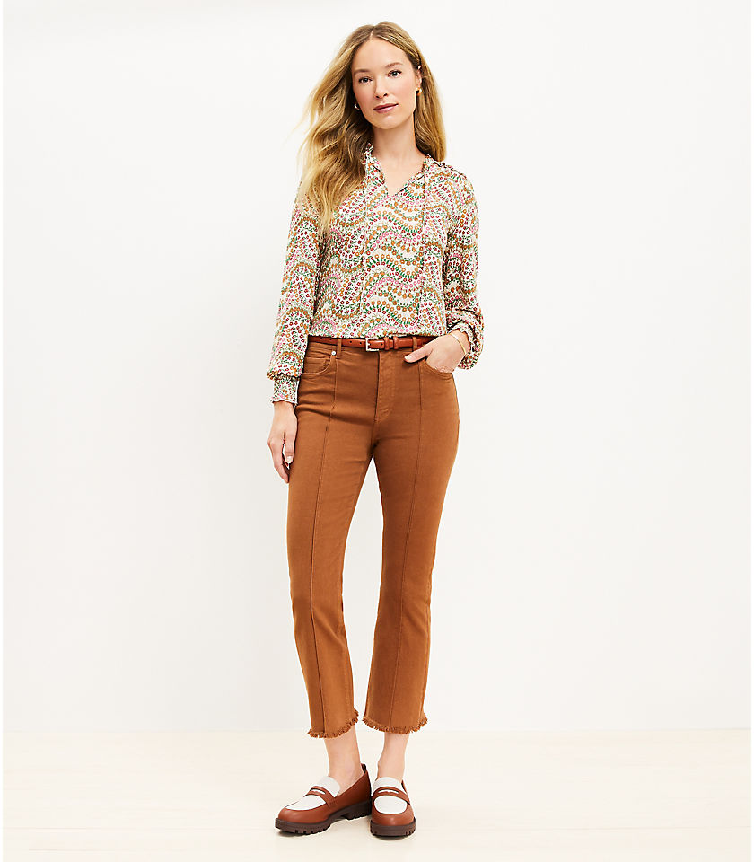 Pintucked Frayed High Rise Kick Crop Jeans in Cocoa Powder