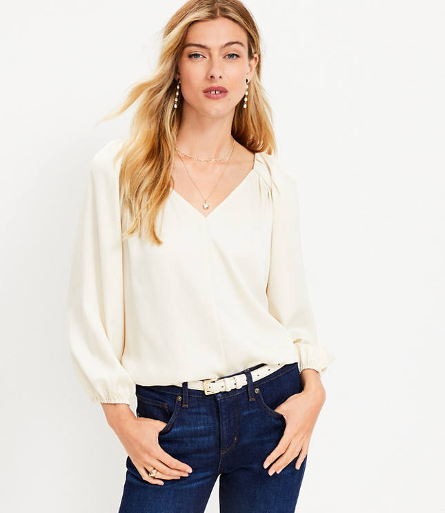 Pleated Sleeve V-Neck Top