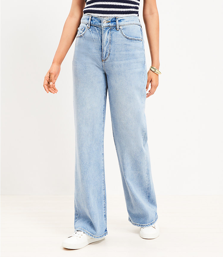 Petite High Rise Wide Leg Jeans in Light Wash Indigo image number 0