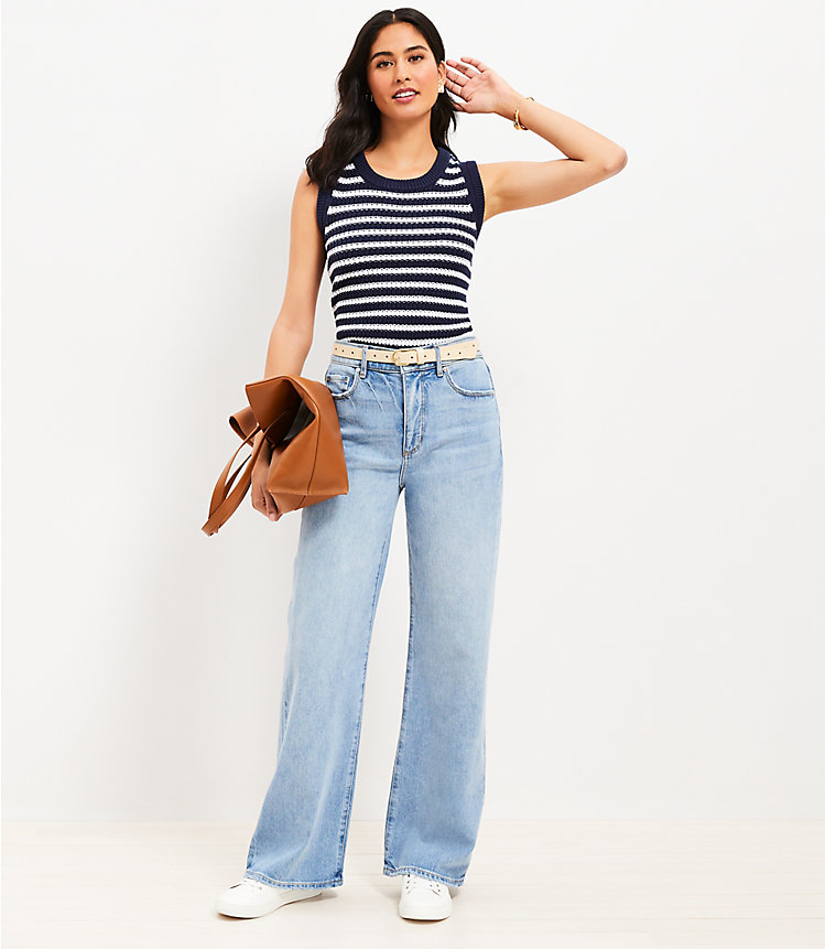 Petite High Rise Wide Leg Jeans in Light Wash Indigo image number 1