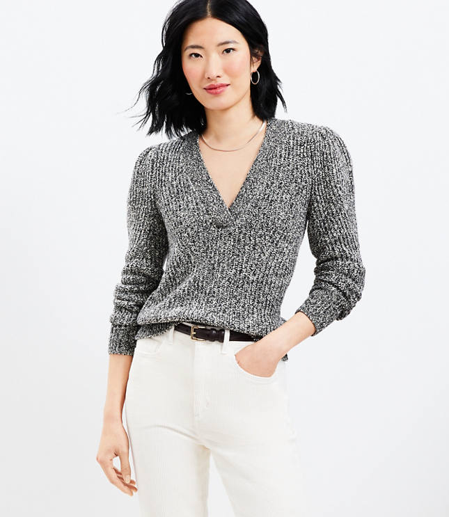 White ribbed clearance v neck sweater