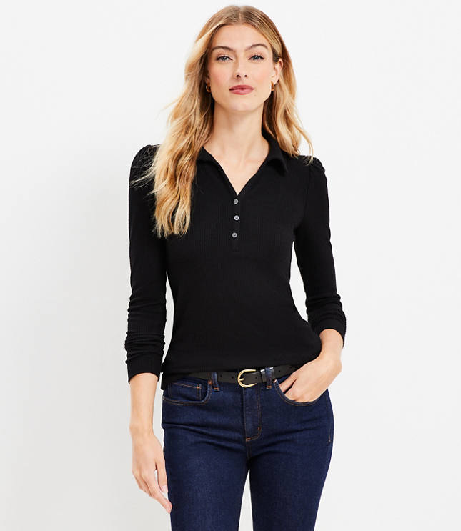 Cozy Ribbed Puff Sleeve Polo Top