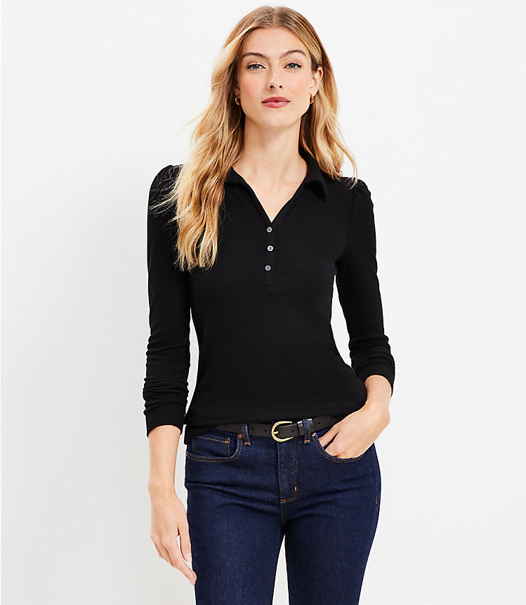 Cozy Ribbed Puff Sleeve Polo Top image number null
