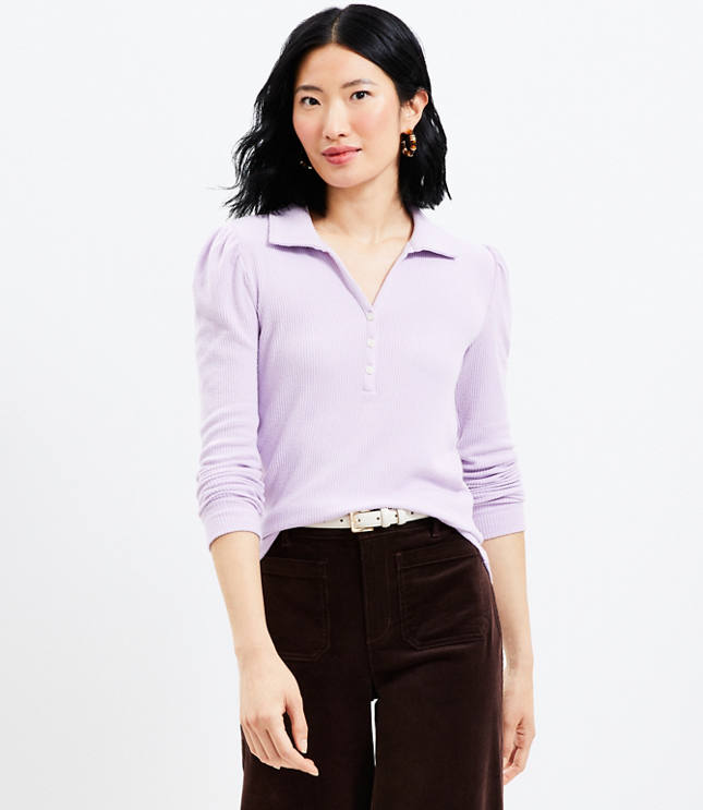 Cozy Ribbed Puff Sleeve Polo Top