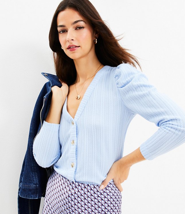 Cable Puff Sleeve V-Neck Cardigan Top