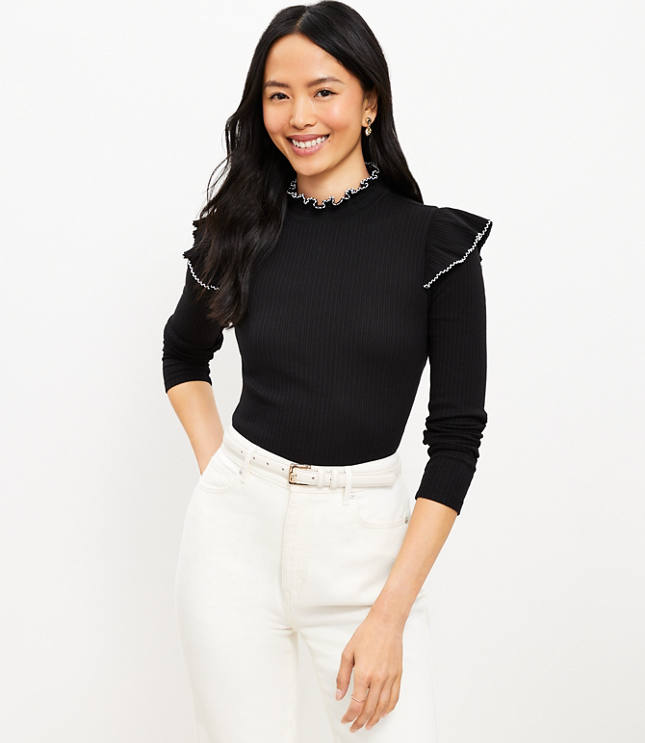 Pointelle Ribbed Ruffle Top