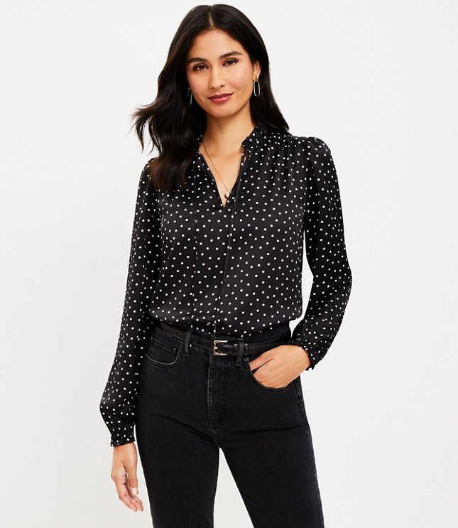 Dotted Ruffle Tie Neck Mixed Media Blouse