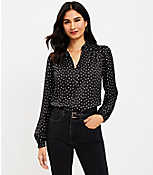 Dotted Ruffle Tie Neck Mixed Media Blouse carousel Product Image 1