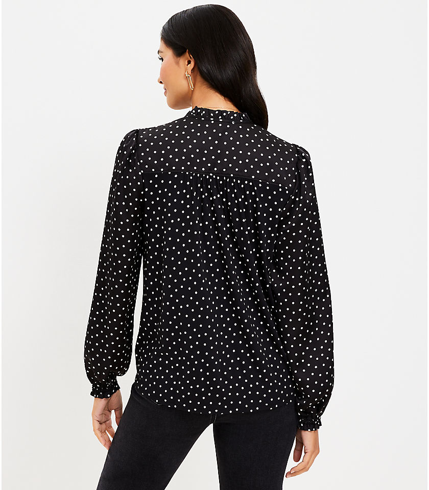Dotted Ruffle Tie Neck Mixed Media Blouse