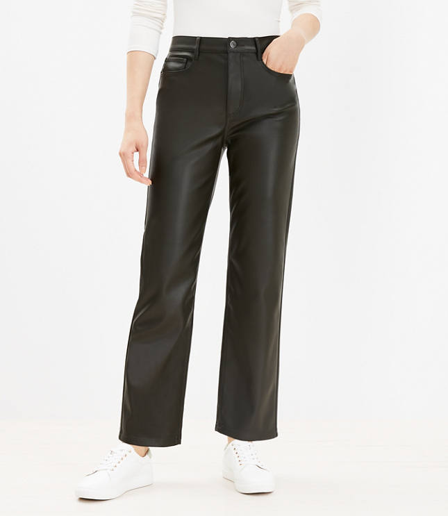 Petite Pull On Straight Pants in Faux Leather