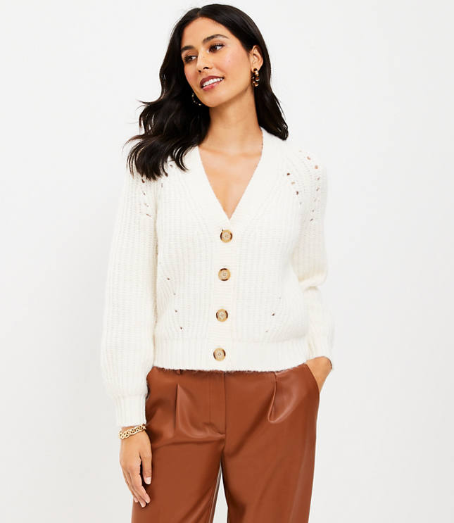 Bianca V Neck Pointelle Sweater - Cream / XS