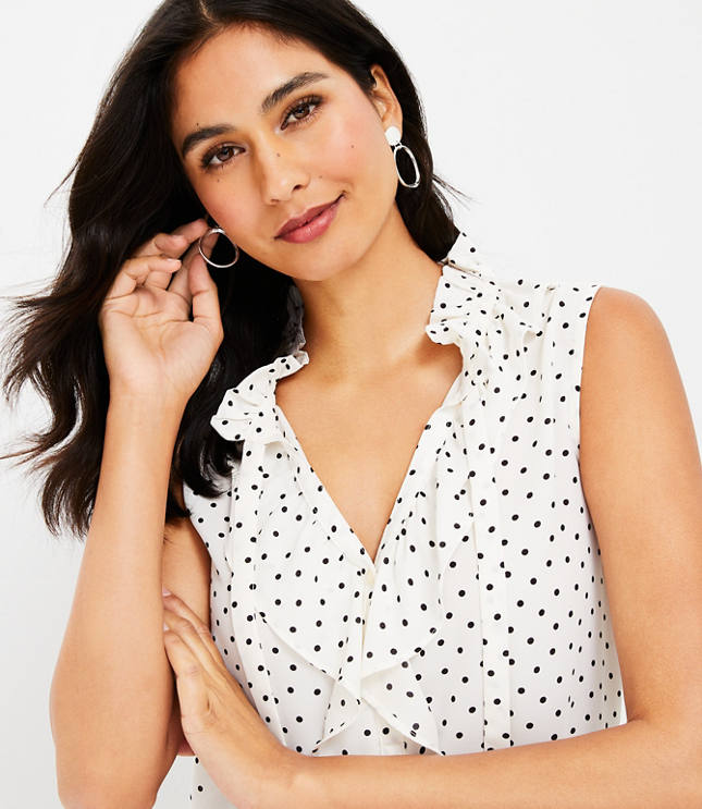 Dotted Ruffle Tie Neck Mixed Media Shell