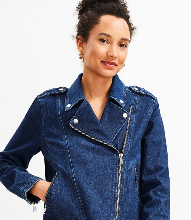 Cut-off Cropped Moto Trucker Jacket - Medium Wash