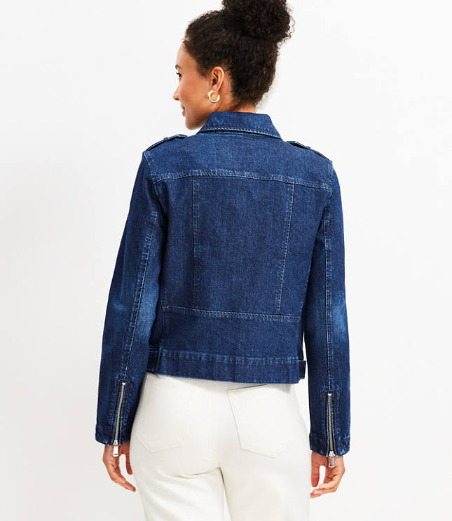 Cut-off Cropped Moto Trucker Jacket - Medium Wash