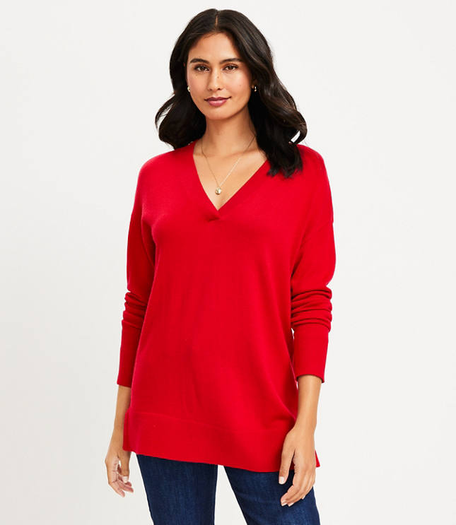 V-Neck Tunic Sweater - Tango Red