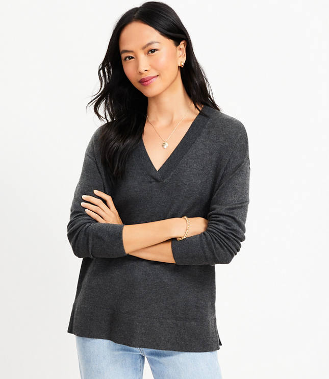 V-Neck Tunic Sweater - Charcoal Grey Heather