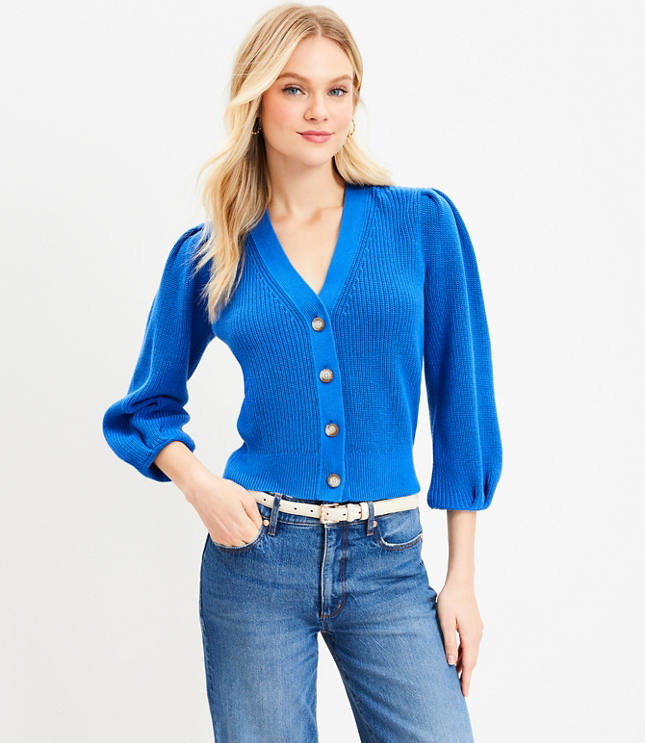 Ribbed Pleated Shoulder V-Neck Cardigan