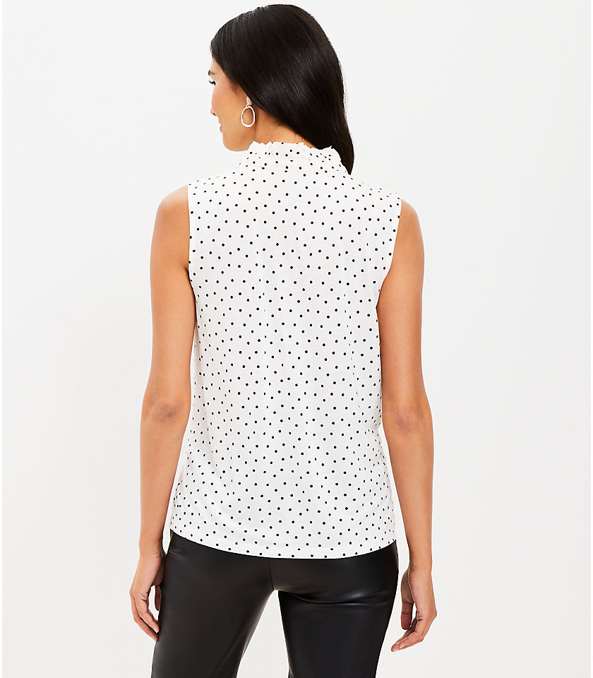 Petite Dotted Ruffle Tie Neck Mixed Media Shell