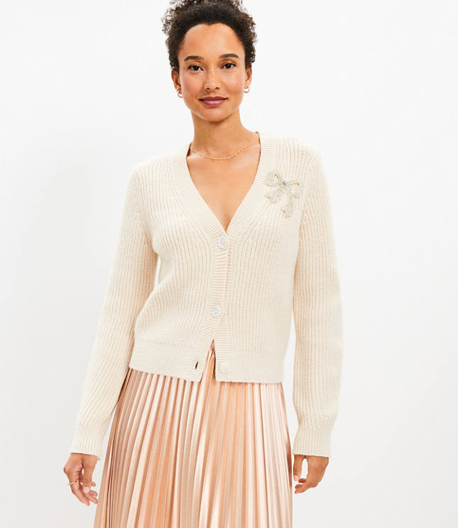 Sparkle Bow Ribbed V-Neck Cardigan