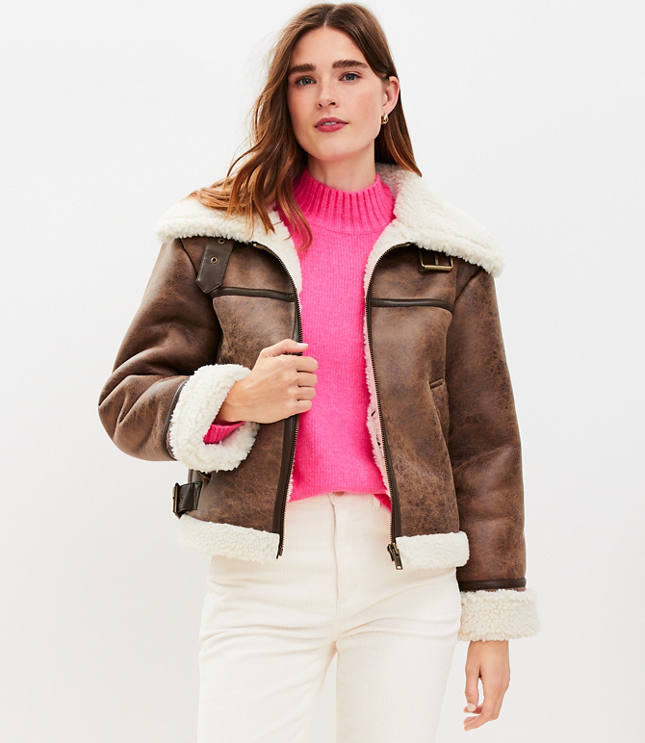 Crackle Faux Suede Sherpa Aviator Jacket