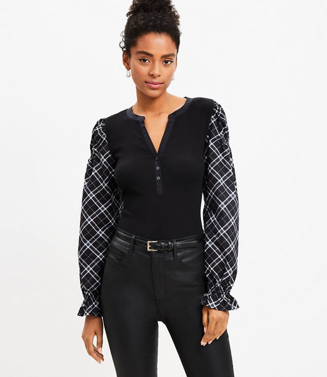 Plaid Henley Mixed Media Top - image 2