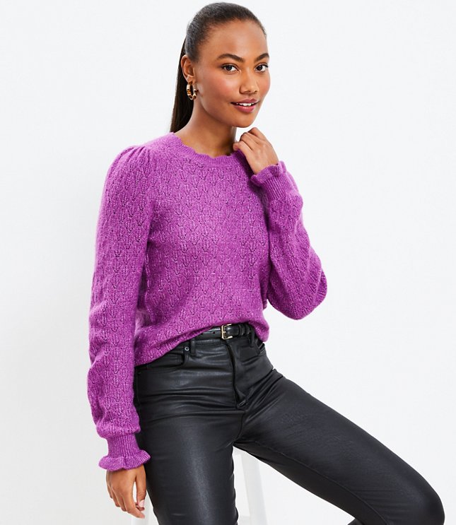 Petite Scalloped Neck Pointelle Sweater