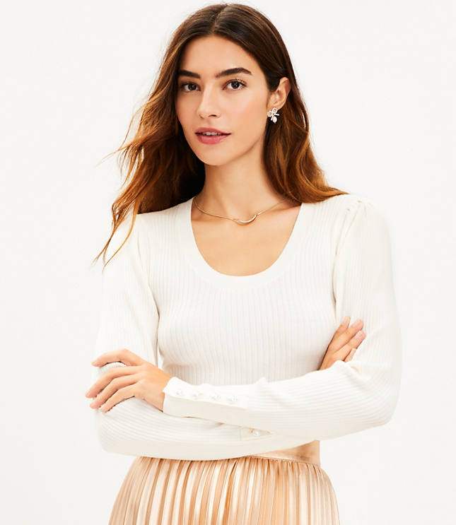 Pearlized Cuff Ribbed Puff Sleeve Sweater - Whisper White