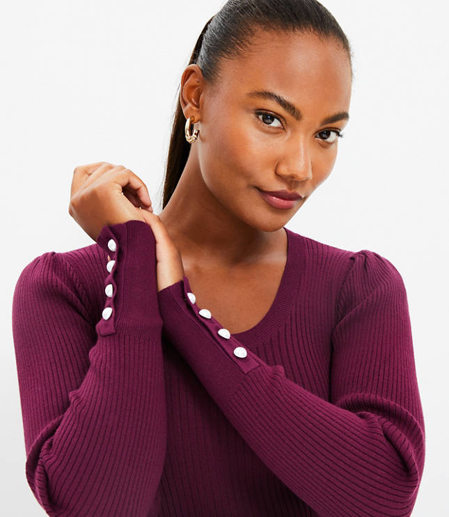 Pearlized Cuff Ribbed Puff Sleeve Sweater