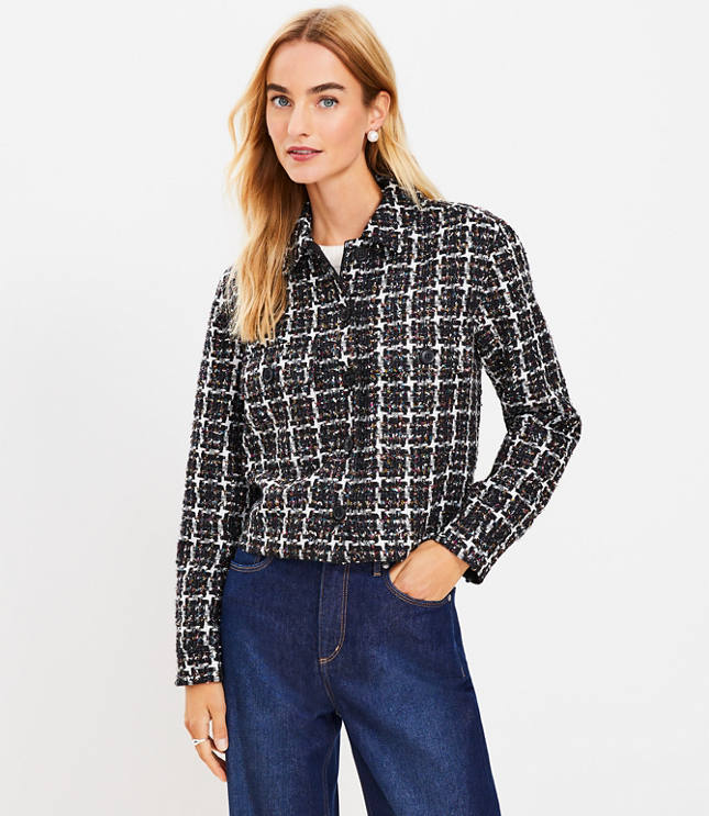 Houndstooth Textured Cropped Shirt Jacket