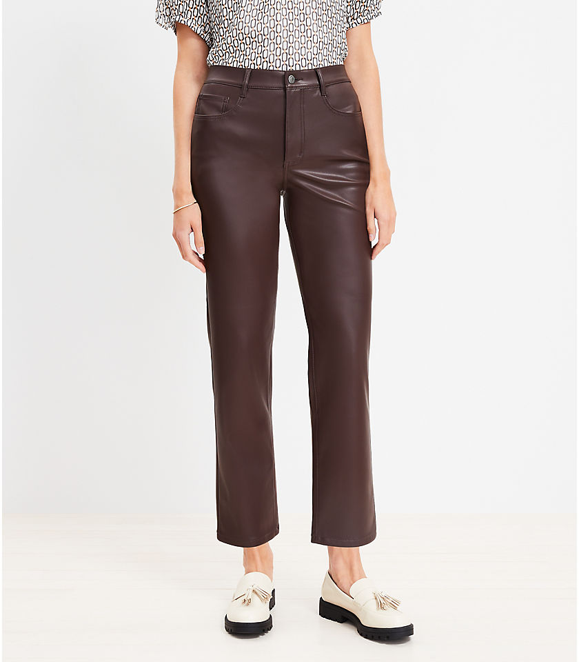 Petite Curvy Five Pocket Straight Pants in Faux Leather