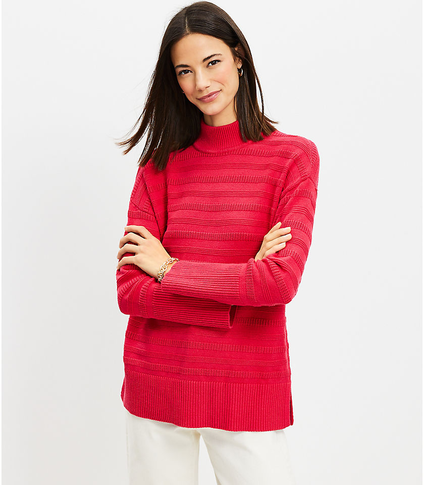 Textured Stripe Mock Neck Tunic Sweater