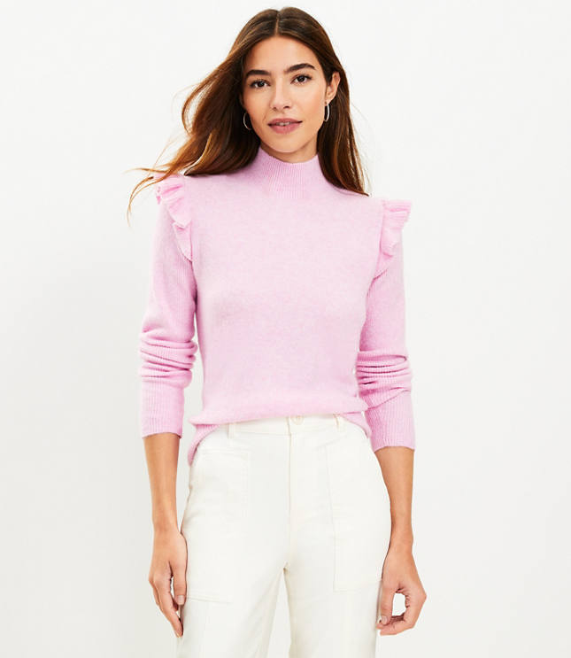 Shoulder Ruffle Mock Neck Sweater