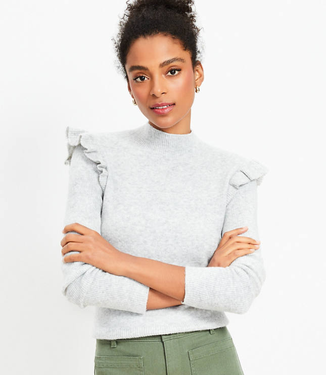 Shoulder Ruffle Mock Neck Sweater