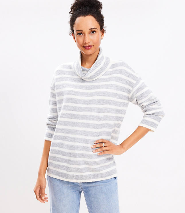 Striped Button Sleeve Split Neck Sweater