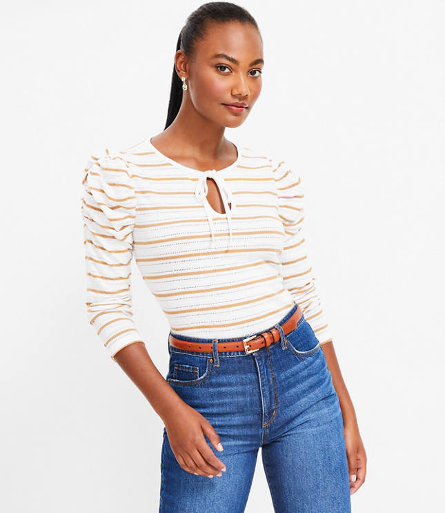 Petite Striped Jacquard Tie Keyhole Ruched Sleeve Top