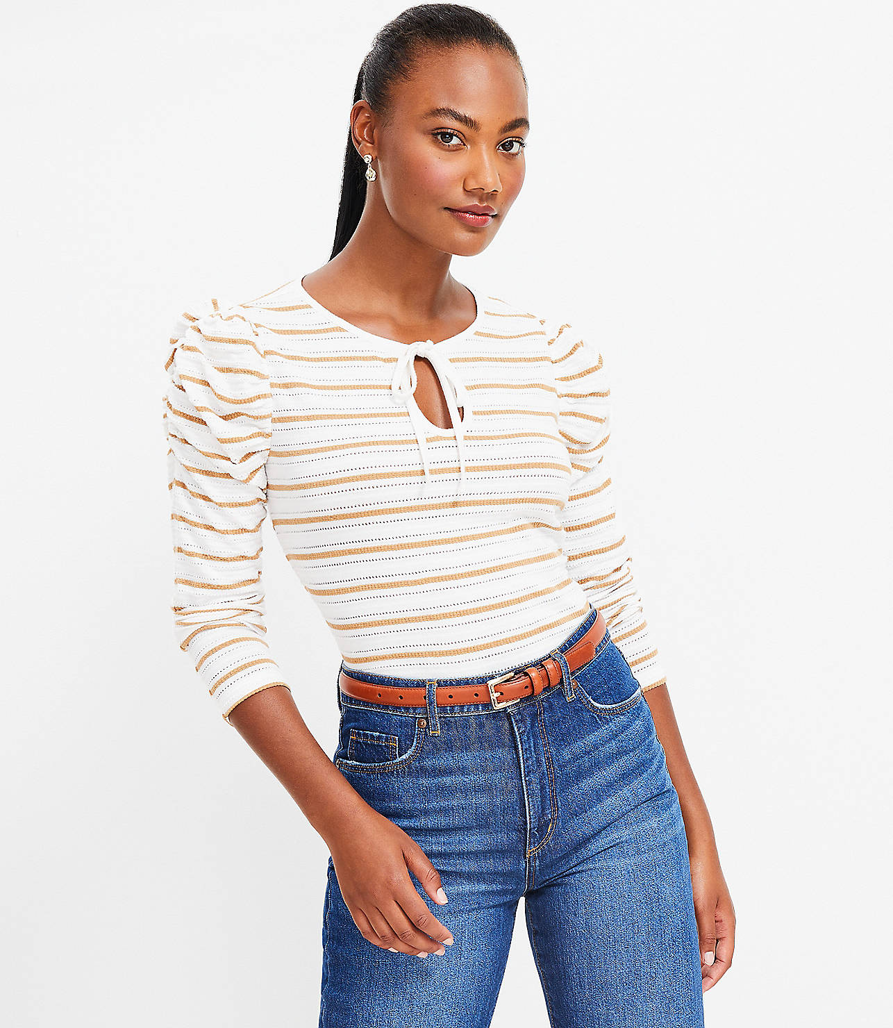 Petite Striped Jacquard Tie Keyhole Ruched Sleeve Top
