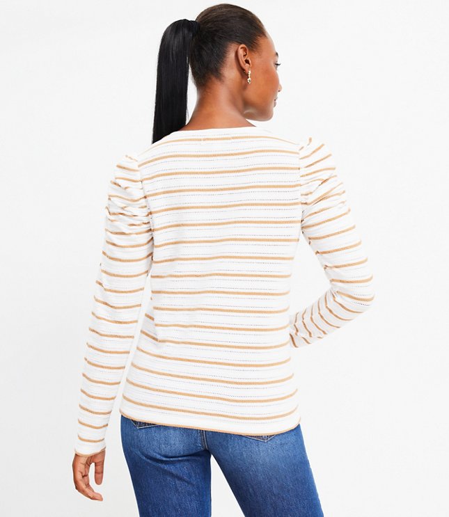 Petite Striped Jacquard Tie Keyhole Ruched Sleeve Top