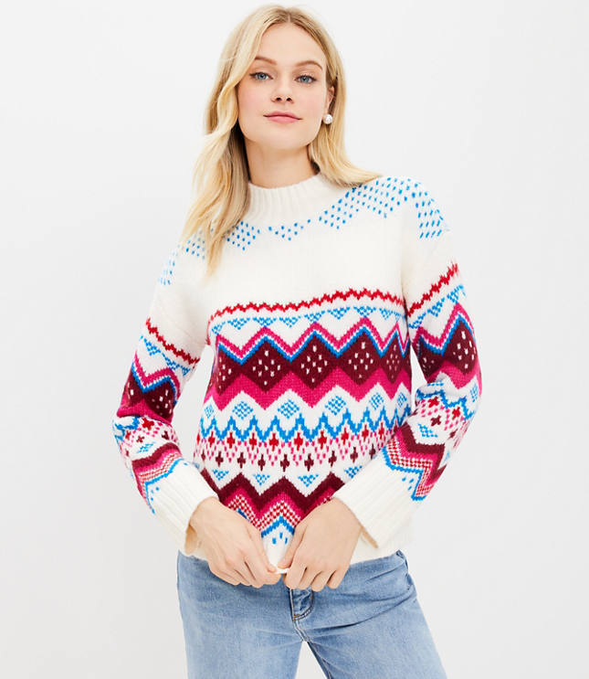 Fair Isle Wide Sleeve Mock Neck Sweater