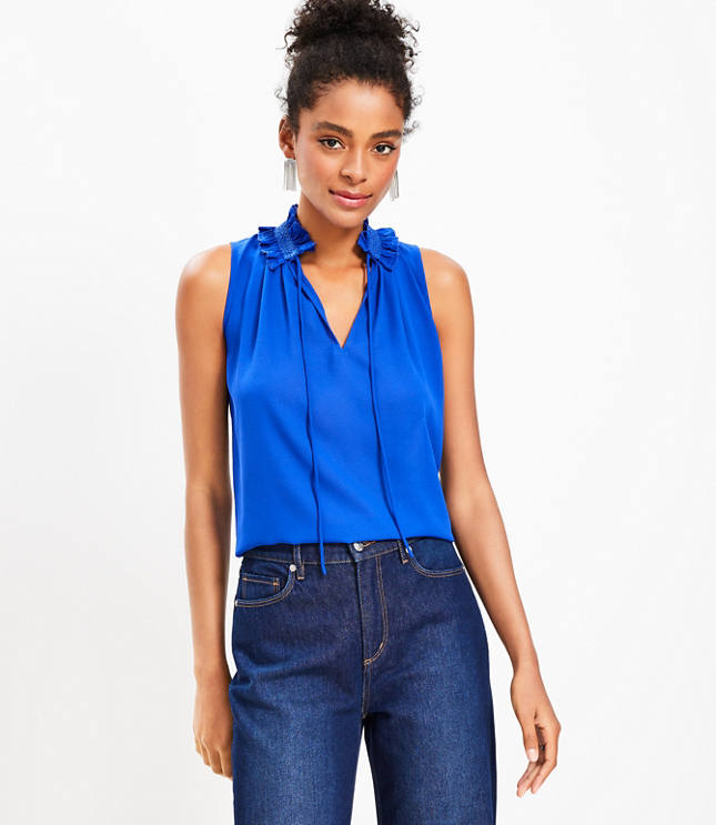 Smocked Tie Neck Mixed Media Shell