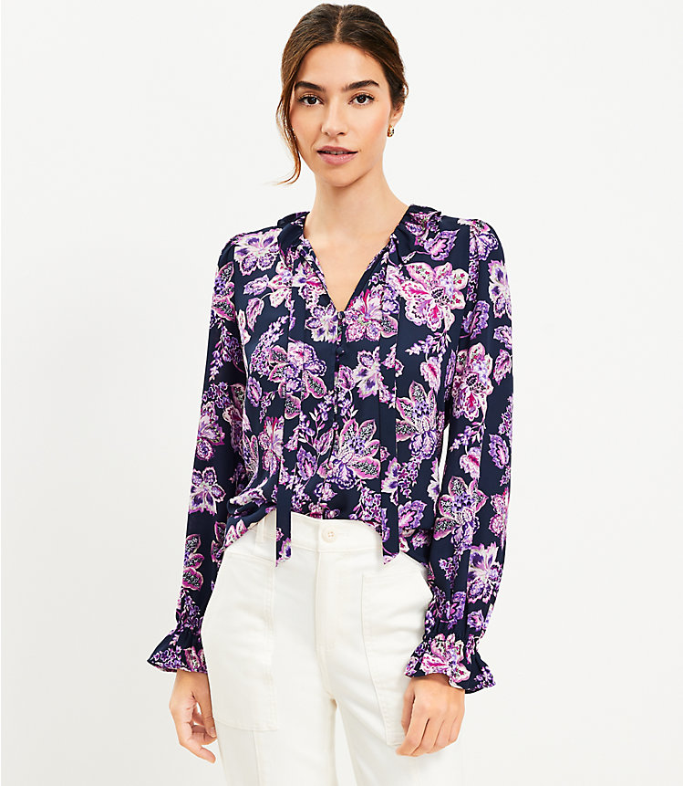 Floral Ruffle Tie Neck Blouse image number 0