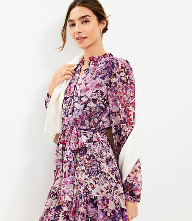 Petite Floral Metallic Stripe Flounce Swing Dress