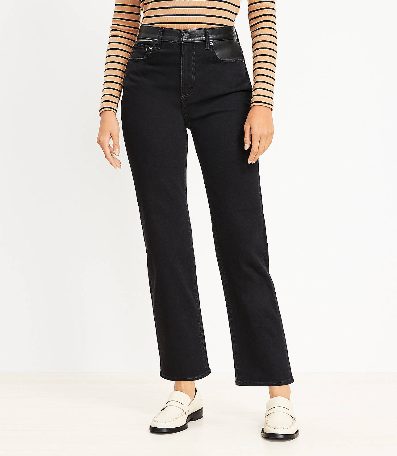 Petite Faux Leather Trim High Rise Straight Jeans in Black