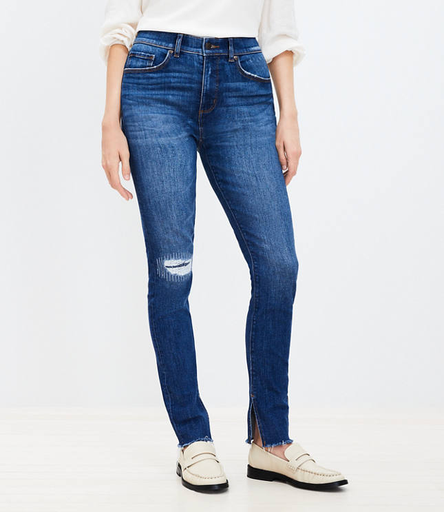 Petite Destructed Super Soft Girlfriend Jeans in Mid Stone Wash