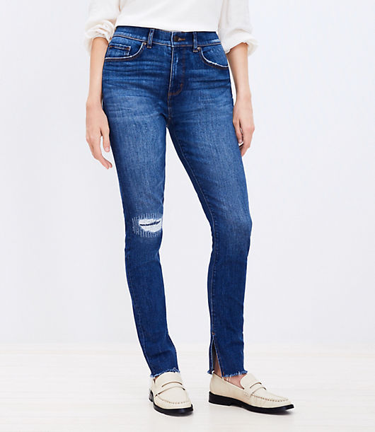 Loft Petite Curvy Ankle Slit Fresh Cut High Rise Skinny Jeans in Dark Vintage Wash