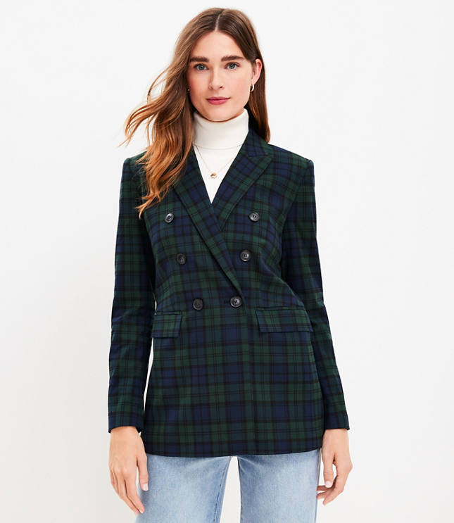 Petite Plaid Brushed Flannel Double Breasted Blazer